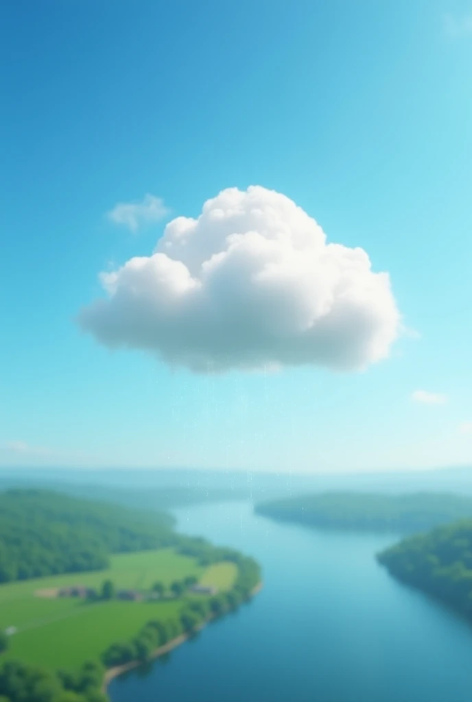 "A bright, fluffy white cloud floating in a blue sky. A tiny, shiny raindrop with a soft glow sits at the edge of the cloud, looking down at the earth below. The earth is visible in the distance with lush green fields and rivers. A gentle breeze flows near...