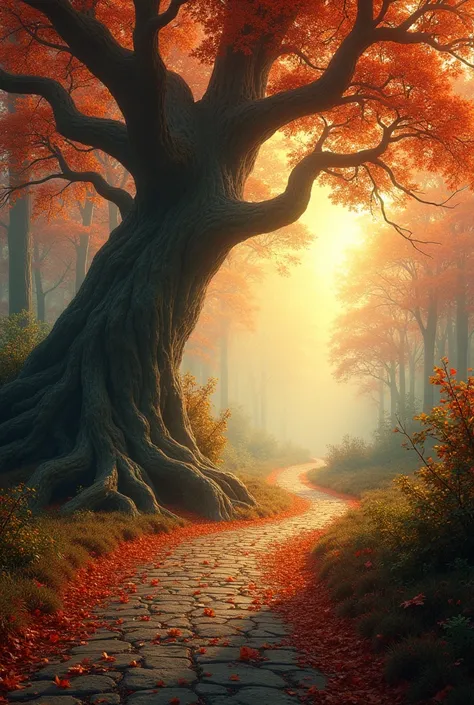 There is an ancient tree in front of the forests autumn sunset path, and there are many trees and shrubs on both sides of the path