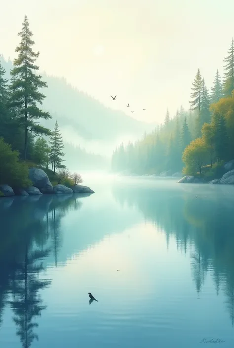 (masterpiece:1.2,Outstanding quality,Mirror finish, Best Illustration ),8k,16k,wallpaper,(Quiet Lake),(morning haze),(Quiet Lake畔の森の影),(A cuckoo is croaking ),(Watercolor),( Dynamic ),( beautiful gradation),(Tranquility VFX )