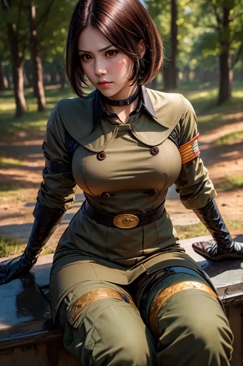 1woman, bob hair long ends, Brown hair, Brown eyes, choker, Long gloves, belt, uniform military, boots, beautiful, detailed, realistic, military camp background, serious face, large breasts, waist, MASTERPIECE, highres