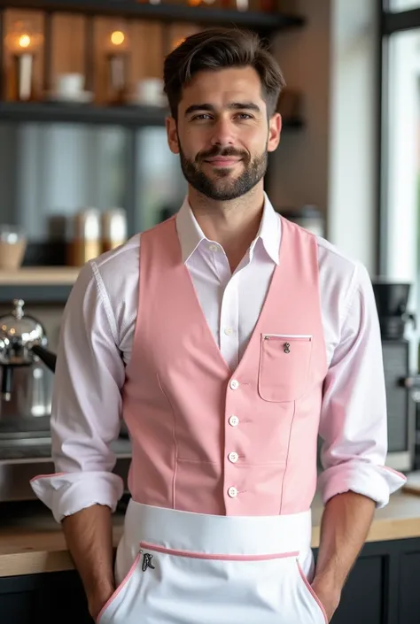 Crea un outfit rosa e bianco da barista maschio 