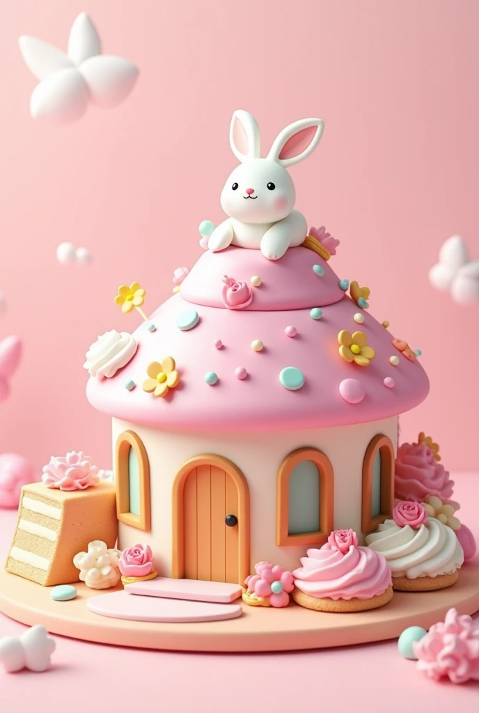  Lets make a cute house model,  stylized from pastry , has rabbit , hoa,  and cake ,  the dominant color is pink ,  with many side details 