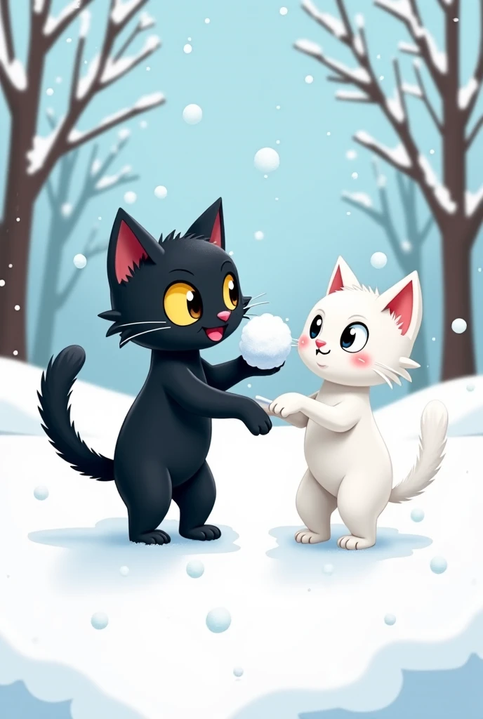 A black cat throws a snowball at a white cat