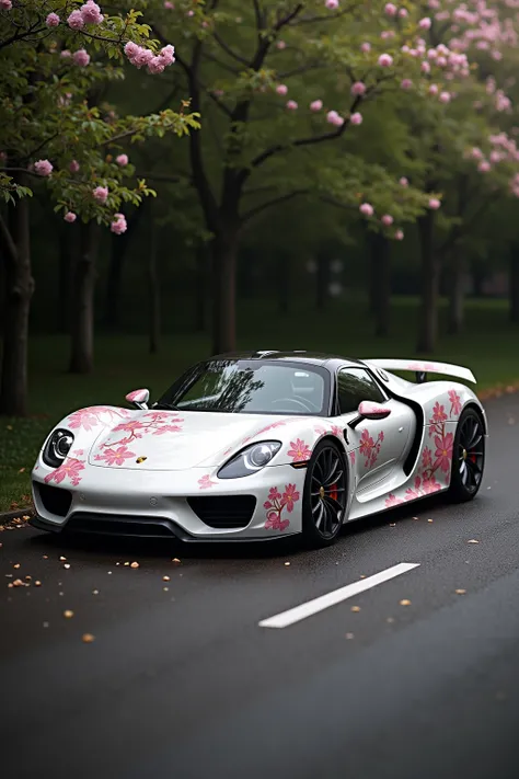 white porsche 918 spyder with cherry blossom design on the side