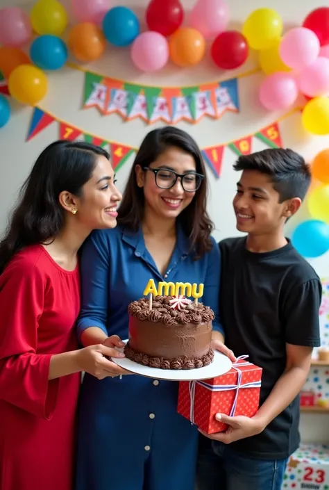 Create a festive birthday celebration scene featuring a mother woman in blue dress and glasses  holding a chocolate themed cake with the name "AMMU " written on it. Include two people—a 23 year Woman in red long dress, and another  boy in black Shirt. hold...