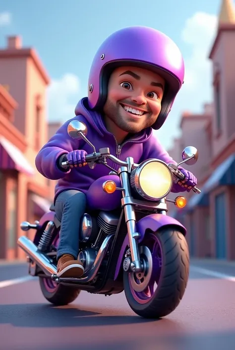 3D caricature image of a man wearing a purple jacket, purple helmet, riding a purple motorbike, facing the camera, smiling