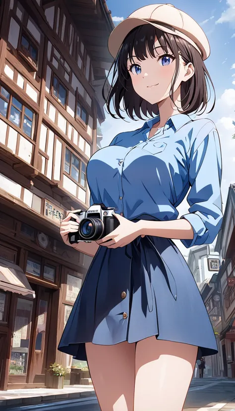   top quality 、 Ultra-high precision 、Detailed view、  vivid colors、Alone、 beautiful girl 、Impressive composition、Age 30、Around town、tourist spot、 bob cut、Newsboy hat、Holding a digital camera in the right hand、 looking at camera、 blue shirt、 ties、 skirt 、Be...