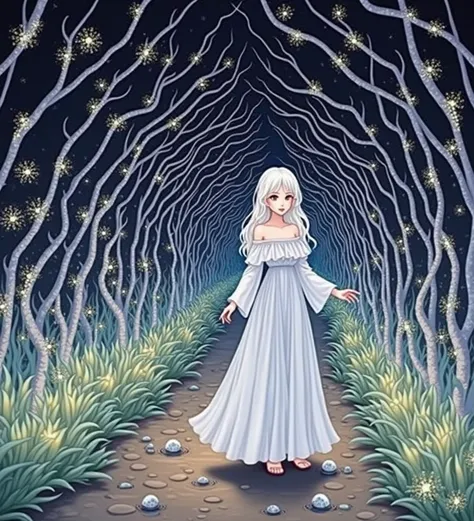 Woman in a white dress standing in a tunnel of light, Paintings inspired by Leng Mei, Tumbler, Net Art,   Jellyfish Shrine maiden  , Fairy Core, romanticism,  in the candy forest ! At night, From desire,  so magical and dreamy ,  Shining Lens Flare Ghost G...