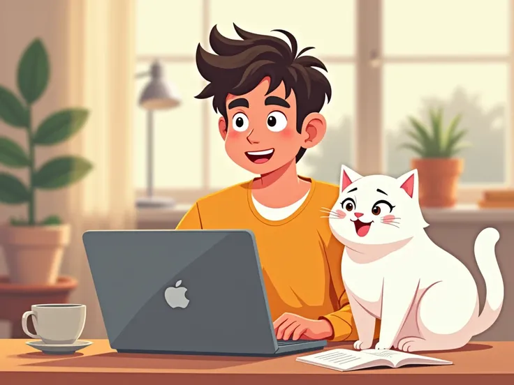 An animated young man is at his laptop with a white cat.