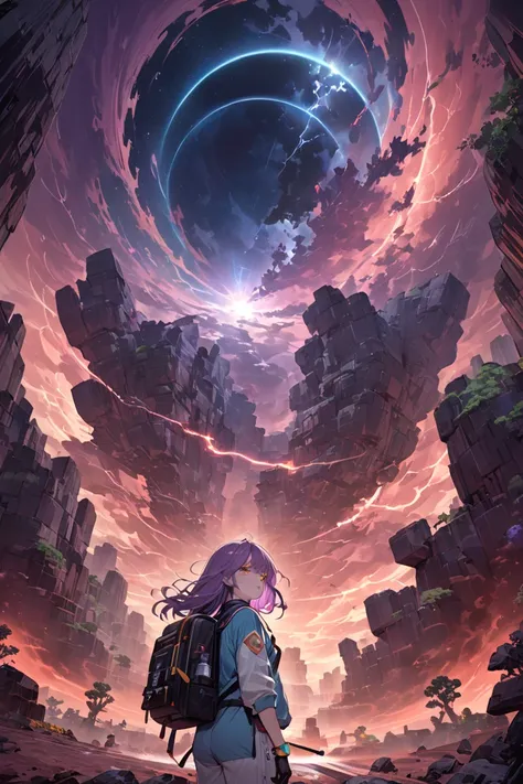 Solo, upper body, from below, nervous expression, Girl aiming telescope at sky, purple eyes, ((purple hair, hair with blonde highlights)), long hair, hair blowing in wind, swept, bangs, thin, green tinted goggles, wearing white open jumpsuit, blue tank top...