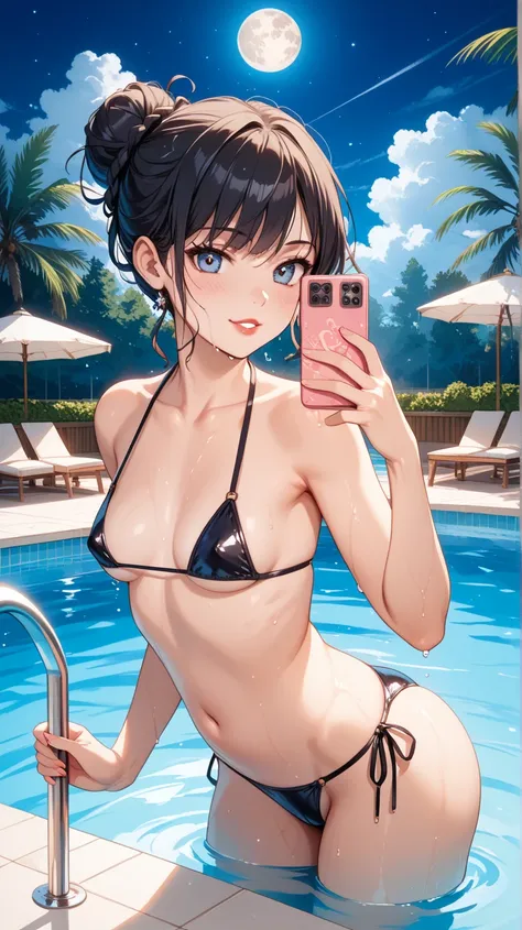  Ultra-high image  (16k)  with rich contrast and hyper-realistic textures .  Woman standing by a pool at night ,  seen from the front. She holds the camera with one hand ,  taking a selfie,  while the other one rests on the waist. Her legs are slightly ope...