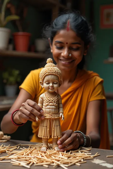 There is an Indian woman who is making a statue of Happy New Year 2025 with the help of matchsticks which looks absolutely real.