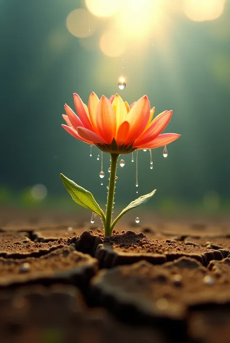 
:Ria Reviving the Flower
"A small, delicate flower in dry, cracked soil. A glowing raindrop lands on its petals, with drops of water soaking into the soil. The flower begins to stand tall, its colors becoming vibrant and bright. The scene captures hope an...