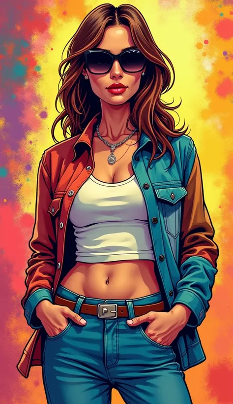 DISCREET image. with discreet casual clothes. color shirt.  image adult woman, american, comic book style. with a discreet smile. IMAGES WITH VIBRANT COLORS. with Colorful background