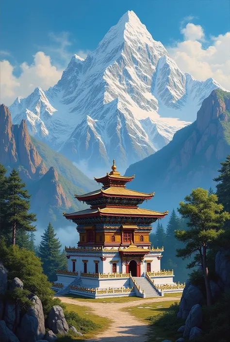 A painting of the Himalayas with the Krimchi  temple 