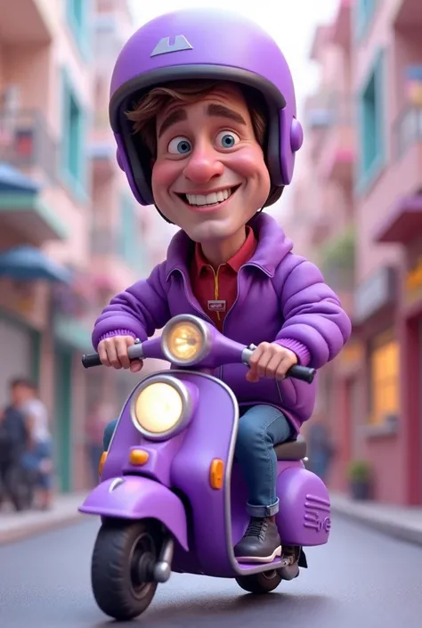 3D caricature image of a man wearing a purple jacket, purple helmet, riding a purple motor matic, facing the camera, smiling