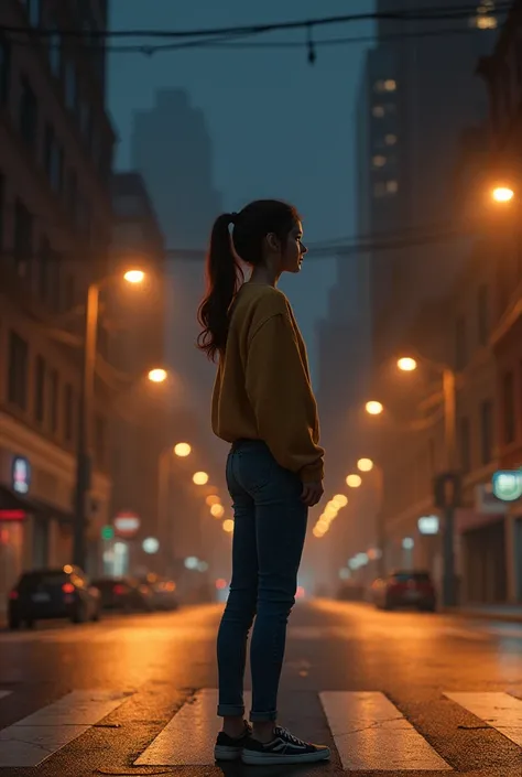 A college women waiting to cross the road at night with street lights