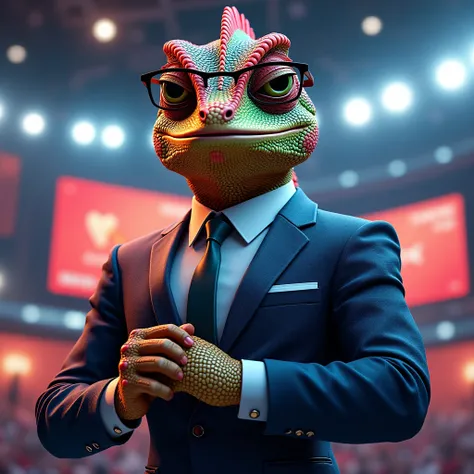 A sports TV host in the form of a multicolored chameleon with a muscular physique, wearing a suit and eyeglasses.






