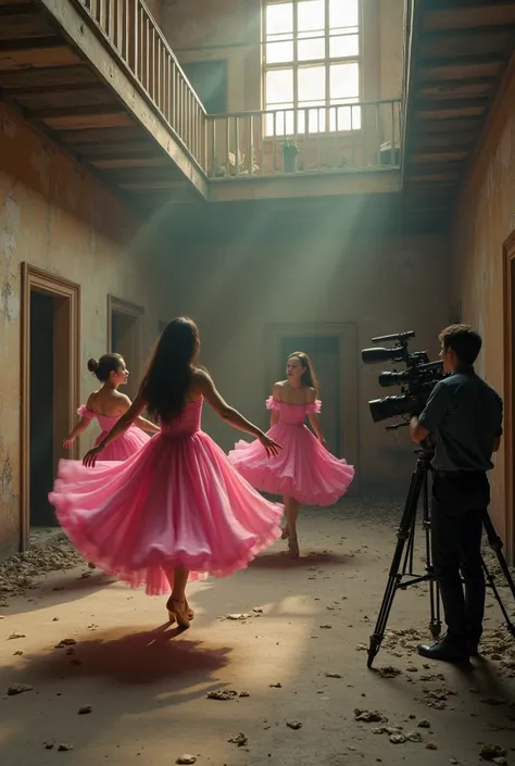 create a realistic image inside an abandoned house with dancers dressed in pink clothes and professional people recording a video clip with cameras, dressing rooms, lights at dusk