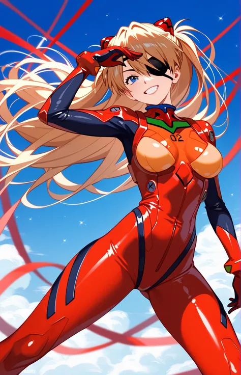  pixib 3DCG , Sexy anime style,     anatomically accurate, Super detailed,     High image quality    , 4K、Mature 1 girl、 _Asuka_Langley、  bodysuit、red bodysuit 、   Eye patch、 Neon Genesis Evangelion、Plug Suit、、Clear style、Pose、smile vücut hatlarını çok bel...