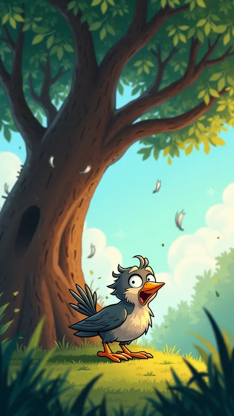  " A bird waking up startled under a tree,  with a surprised expression and messy feathers , in a comic fable style ."