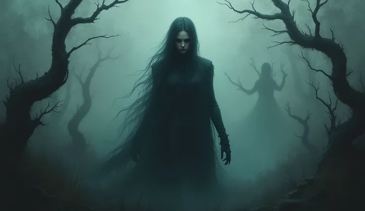 heavy fog ,  dark environment, Creepy woman surrounded by elements of a surreal nature, Impressionist art style