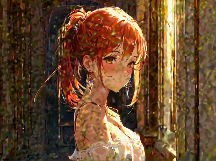 masterpiece,best quality,amazing quality,1girl, skirt, breasts, shirt, solo, jewelry, hair ornament, ponytail, huge breasts, bare shoulders, earrings, closed eyes, hairclip, smile, long hair, indoors, brown hair, blush, standing, red hair,hallway,