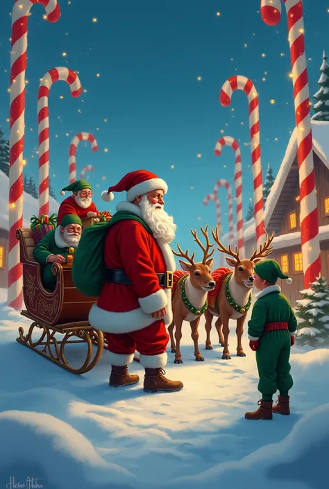 Santa Claus preparing his sleigh with the help of reindeer and elves. The snowy North Pole landscape features candy cane poles and a glowing workshop in the background.
