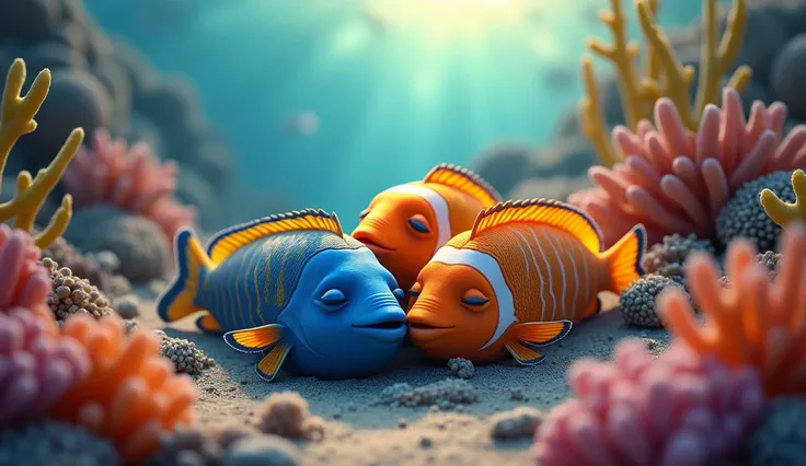  The moment when the fish fall asleep at the sunset in the Coral Garden. Huzur dolu bir ortamda,  resting close to each other in a peaceful environment .  Draw in animation style but realistic.