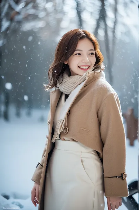 (8k, RAW photo, photorealistic, HQ, masterpiece), a cute Japanese girl,(glowing eyes), from side, profile, 
(laugh:1.4), brown hair, fluffy Pixie Bob hair, large breasts, (Stylish winter outfits, Scarf, coat, long skirt), 
standing pose, Seductive pose, (s...