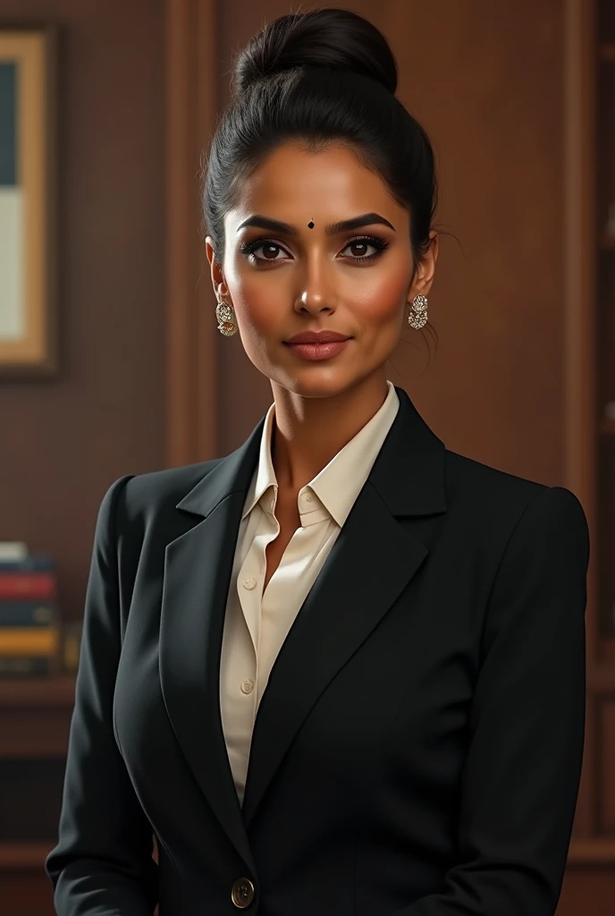 Indian female politician around 45 age brown skin dark circles hair in sleek bun atire suit