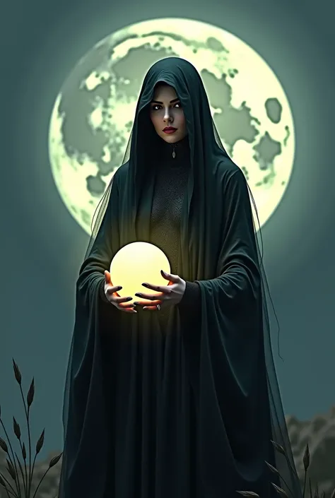 bruxa with a glowing orb in front of a full moon, arte digital por Eddie Mendoza, tumblr, arte de fantasia, beautiful bruxa female, beautiful female bruxa, bruxay, bruxa, classical bruxa, beautiful bruxa spooky female, portrait of a bruxa, bruxa woman, a b...