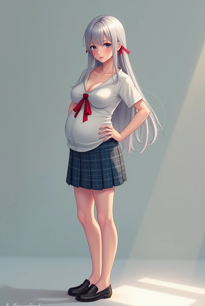 beautiful beautiful girl、 long silver hair、 white shirt、 red ribbon 、Big Breasts、 boobs、 saggy breasts during pregnancy、Waistline、Waist line、 、 pleated skirt 、 blue plaid skirt 、 thighs、 beautiful feet、Leg length、 wearing black loafers that look like beaut...