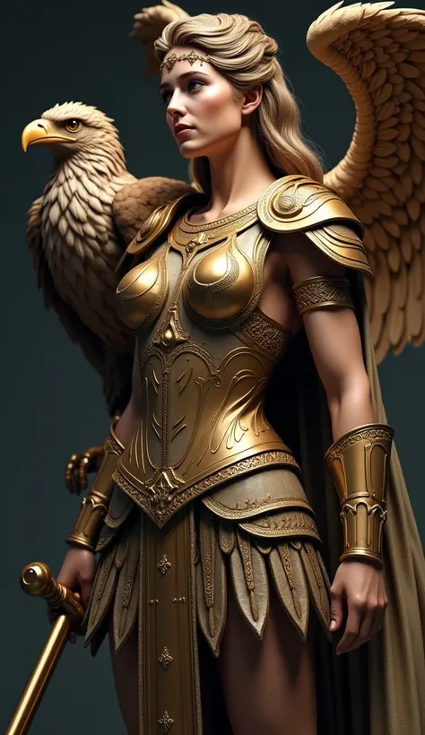 beautiful The Athena Greek goddess wore armor, along side large Eagle, full body, with golden adorning, intricately sculpted and delicate, white and gold, dynamic pose, high octane, 4k render.,photo realistic , cinematic light , ultra sharp ,8K