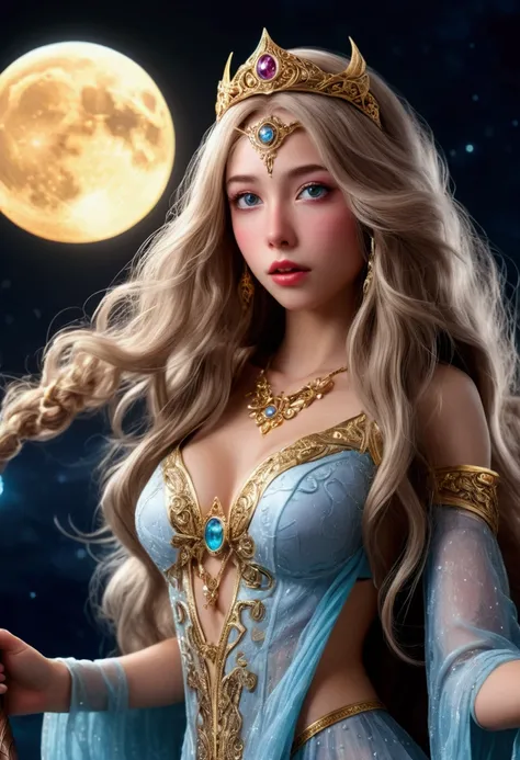 A young female sorcerer with long flowing hair, radiant sparkles, an ornate and intricate sheer sexy robe no underwear, huge expressive eyes, and a magical girl moon staff, racing urgently to join a weathered band of veteran adventurers, (best quality,4k,8...