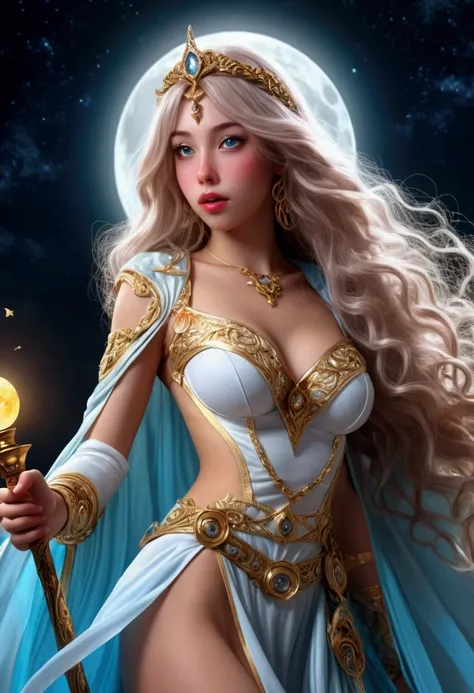 A young female sorcerer with long flowing hair, radiant sparkles, an ornate and intricate sheer sexy robe no underwear, huge expressive eyes, and a magical girl moon staff, racing urgently to join a weathered band of veteran adventurers, (best quality,4k,8...