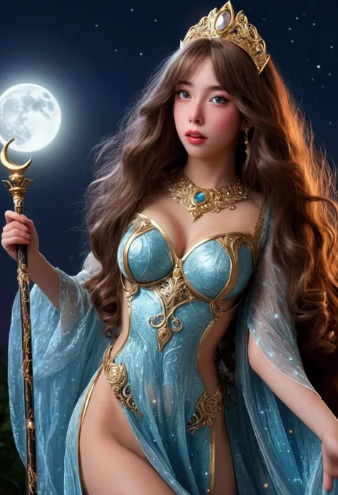 A young female sorcerer with long flowing hair, radiant sparkles, an ornate and intricate sheer sexy robe no underwear, huge expressive eyes, and a magical girl moon staff, racing urgently to join a weathered band of veteran adventurers, (best quality,4k,8...