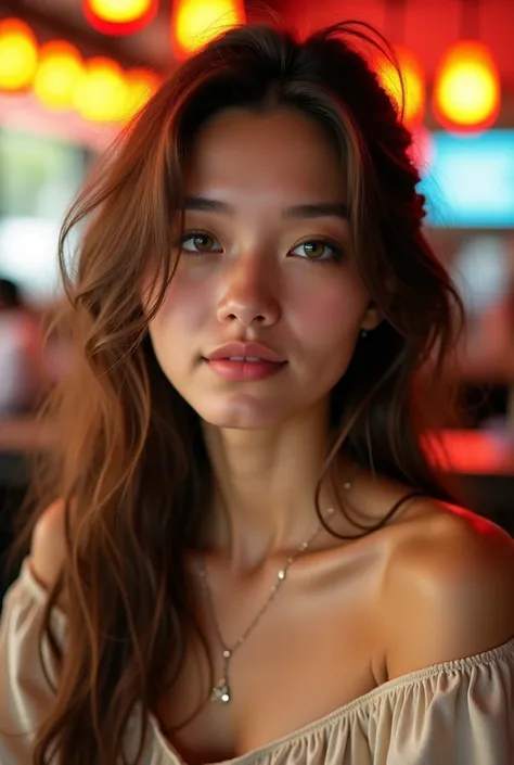 "A stunning, close-up portrait of a young woman with long, tousled brown hair and bright green eyes. She is sitting in a cozy café setting with warm, colorful neon lights in the blurred background. The lighting is soft and natural, creating a golden hour g...