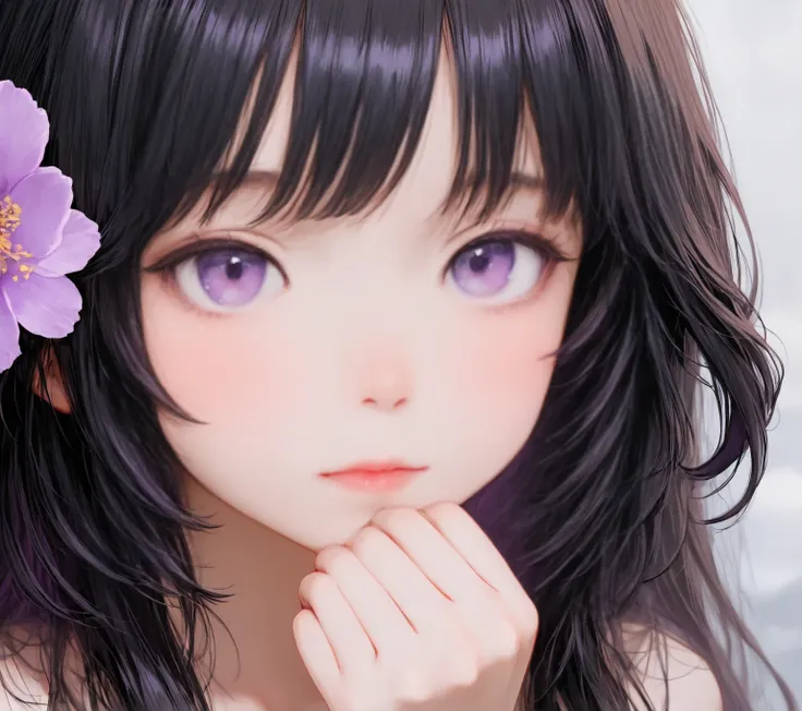  short body  Cute  girl with black hair and purple eyes with a hellebrone flower in her hair,  close up of a young cute girl, 