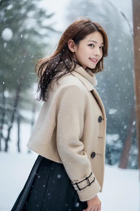 (8k, RAW photo, photorealistic, HQ, masterpiece), a cute Japanese girl,(glowing eyes), from side, profile, 
(laugh), brown hair, fluffy Pixie Bob hair, large breasts, (Stylish winter outfits, Scarf, coat, long skirt), 
standing pose, Seductive pose, (snows...