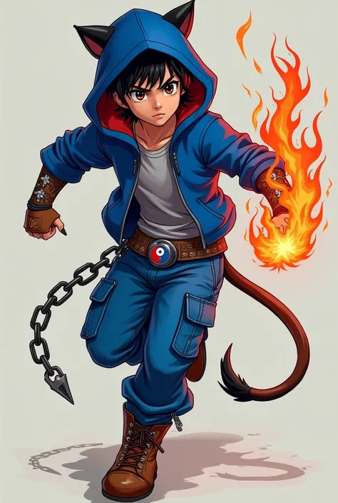 Boy age 16, latin, brown eyes, deep and cute eyes, royal blue hoodie, the hoodie hood is red into, right demon arm, right arm on flames, japanese street style, belt with a blue and red ying yang, chains around the belt, athletic, magic powers, action, cunn...