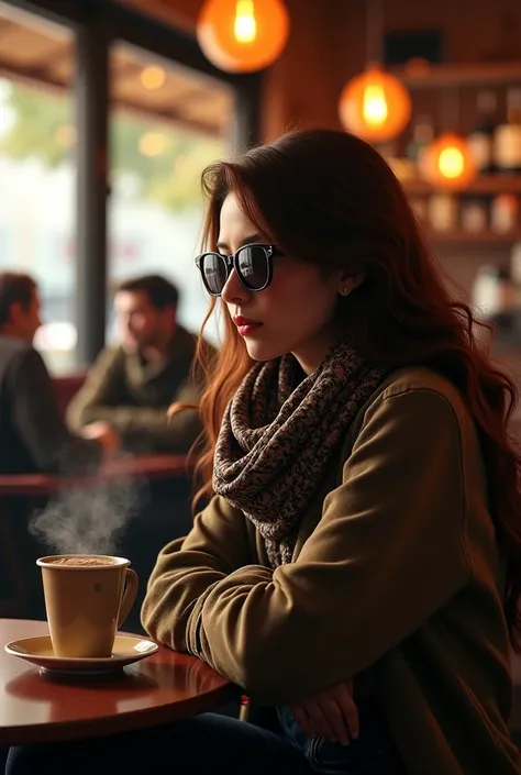 A woman with brown hair, a scarf, sitting in a coffee shop and wearing sunglasses, is sitting away