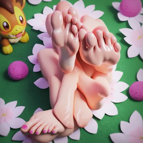 1girl, chloe cerise (pokemon), aomoro, depth of field, shiny skin, long hair, blush, foot focus, barefoot, feet, soles, toes, bare legs, presenting foot,ropes bondage hog tied, best quality, amazing quality, very aesthetic, highres, incredibly absurdres,3d...