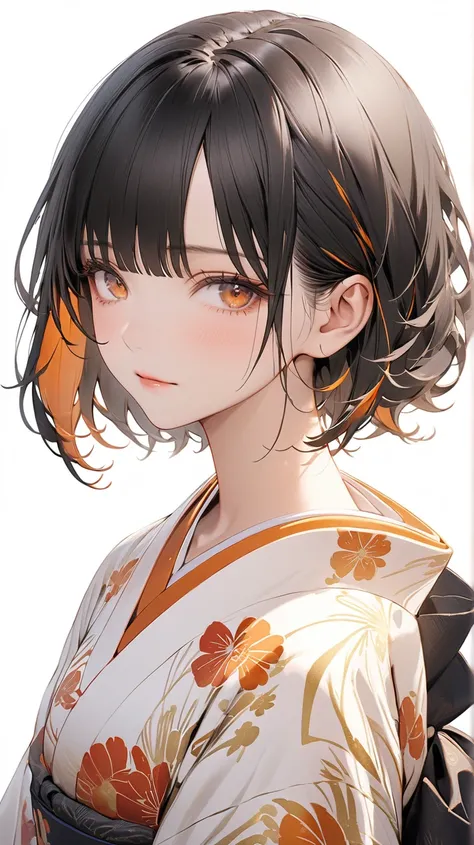 face details,semi realistic, Masterpiece, Master work, perfect proportion, 4K, full body, 1woman,  kimono:1.2, mature body, straight short hair, flat Bangs hair style, mad black colored hair with orange strokes, multicolor hair, soft waves, natural curls, ...