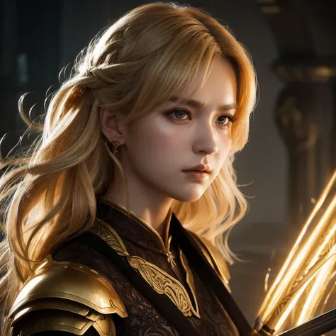 fantasy portrait of sensual Goldilocks, warrior, weaponry, sensual, dramatic lighting --style raw --v 6.1