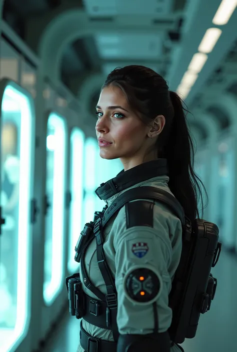 Photorealistic, highly detailed, work of art. A spacious interior of a futuristic space station, a row of illuminated, transparent cryochambers with people inside. In the foreground stands a beautiful 30-year-old woman with black hair and green eyes. She i...