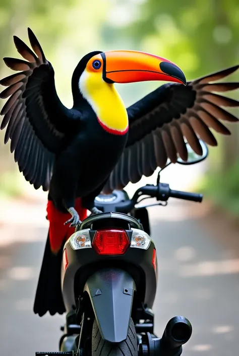 A striking Toco Toucan perched on a Keeway SR 125 motorcycle, its vibrant orange beak and black-and-white feathers creating a bold contrast. The toucans wings are spread wide, with its feathers elegantly draping over and covering the entire bike. The Keewa...