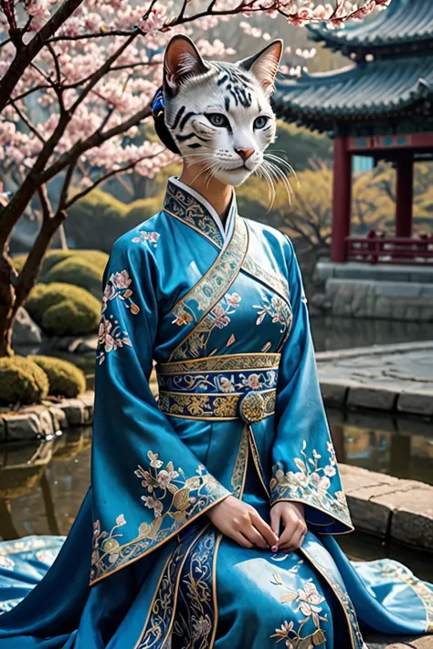 A young woman transformed into a feline hybrid, wearing an elegant blue traditional Chinese dress with intricate embroidery. Her entire body shows advanced transformation into a cat-like form: her head has feline features with sharp ears and whiskers, her ...