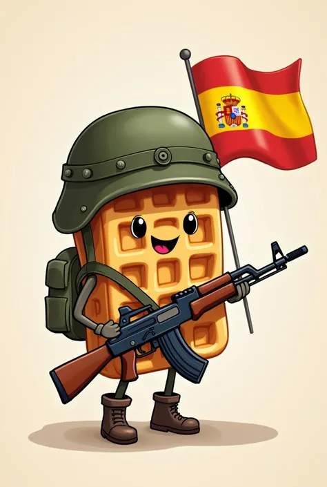 Create me a sketch of a , Make it a cartoon-style waffle with a military helmet and holding an AK-47 and the Spanish flag 