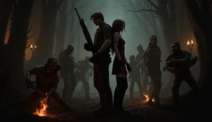 This image depicts a dynamic scene with two central characters Leon and Ashley for resident evil 4 reamake, a man armed with a shotgun and a woman standing back-to-back in a defensive posture, surrounded by hostile zombie-like figures. The setting appears ...